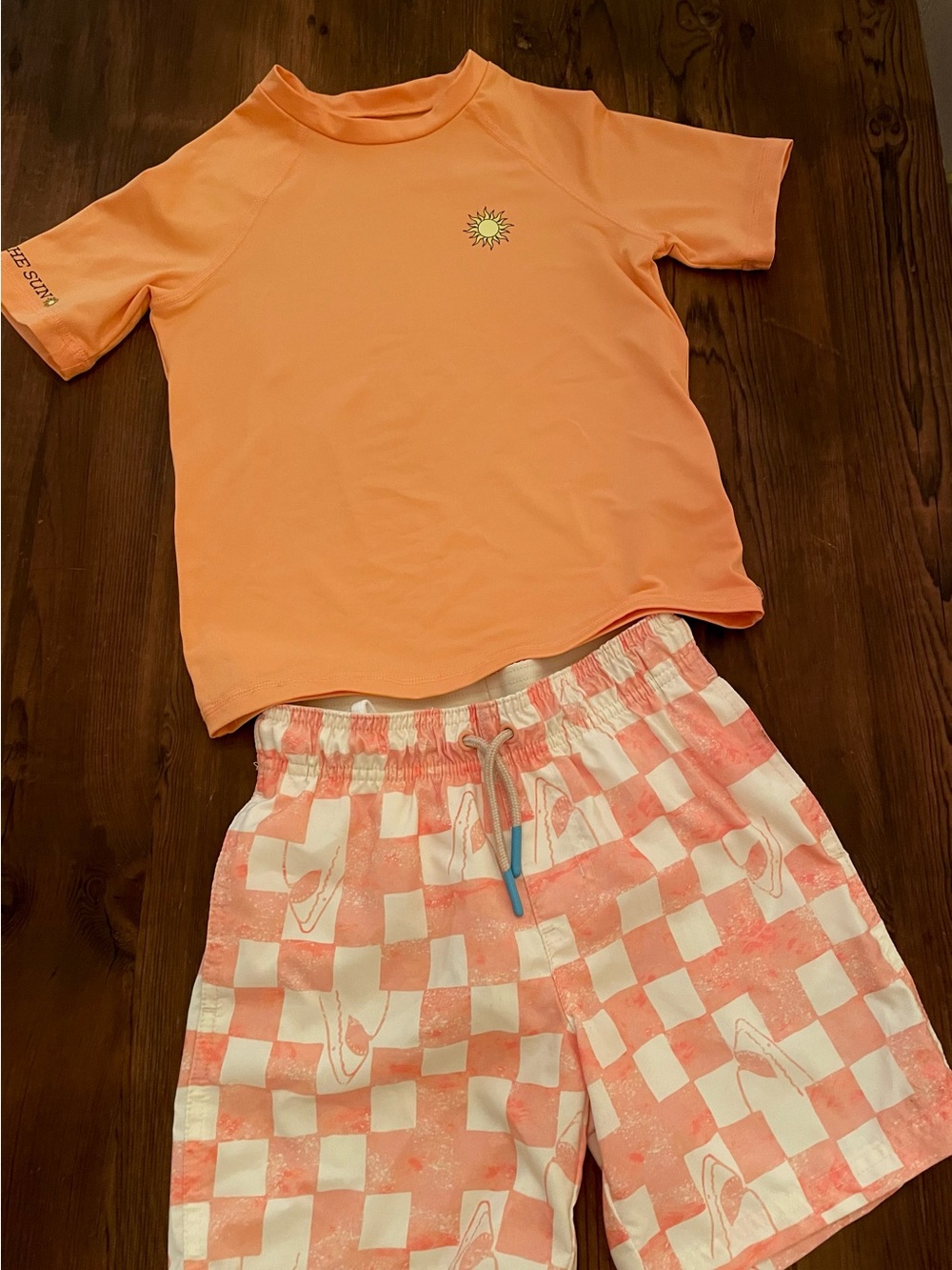 Short-Sleeve Rash Guard & Checker Swim Suit/Shorts Set